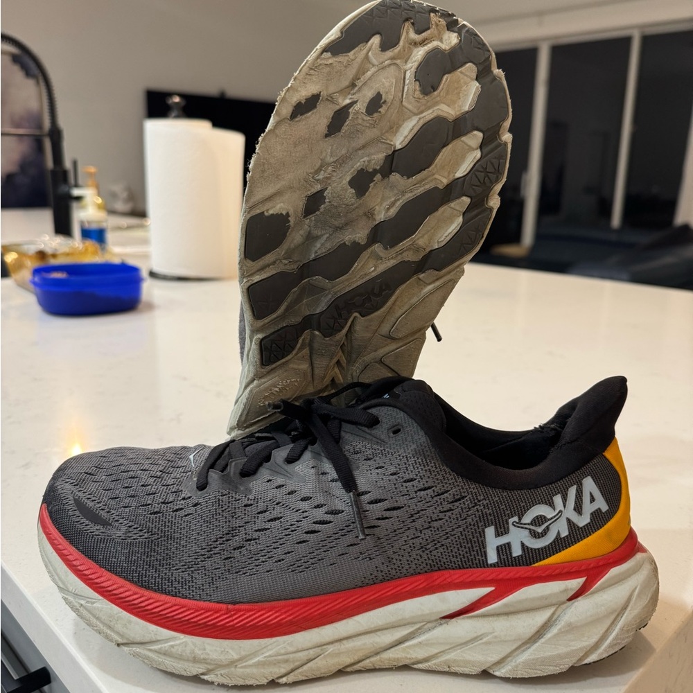 Hoka One One Clifton 8 - Gray Shoes with Red and Yellow Highlights - Size 9.5 US